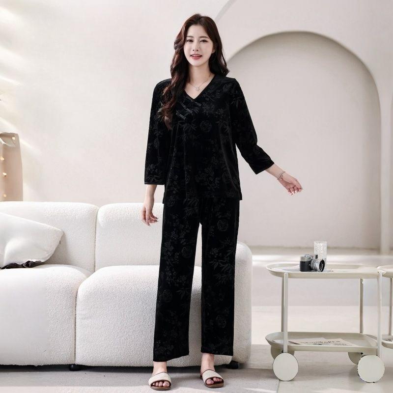 Autumn and Winter Women's Velvet Loungewear Printed Loose Plus Size Pajama Set