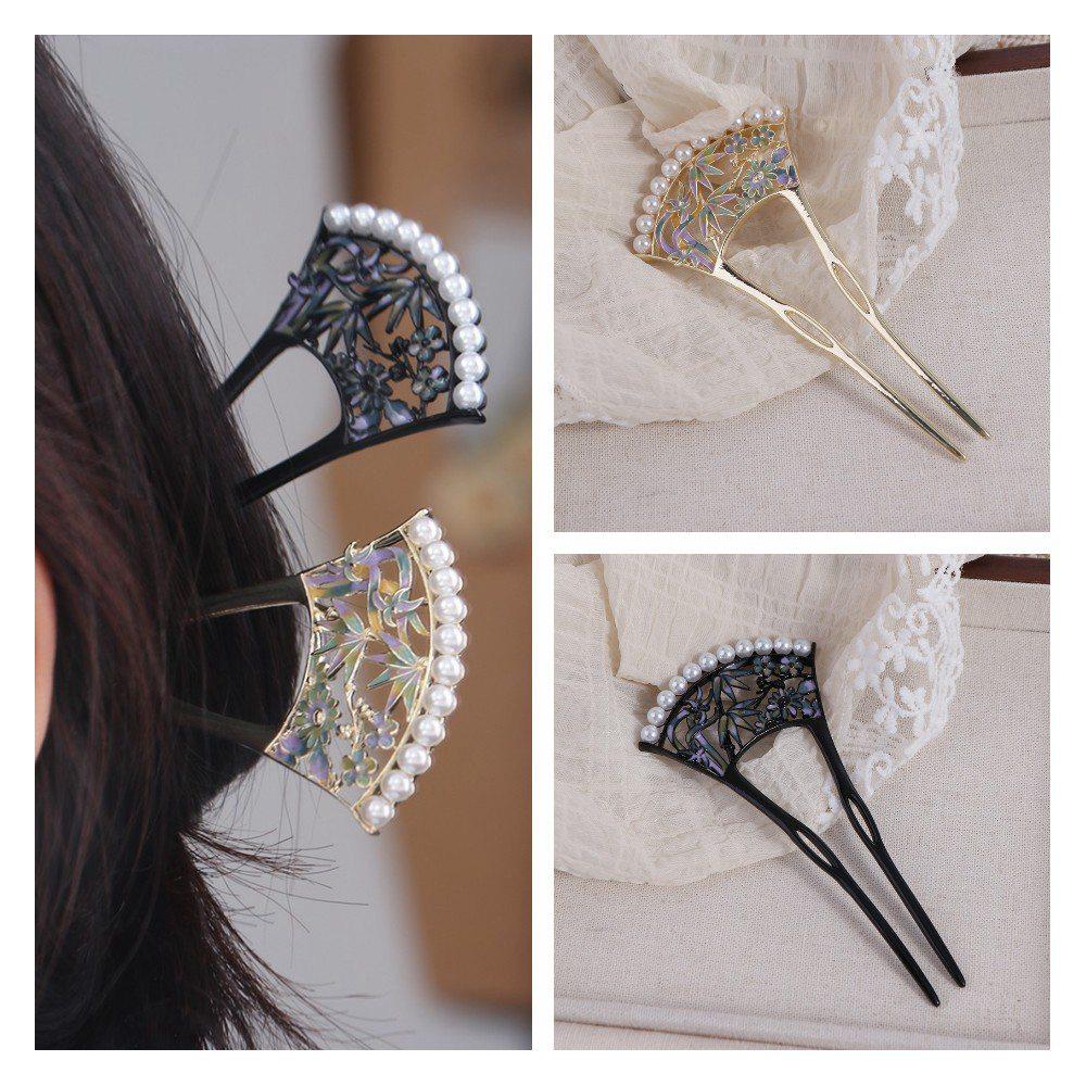 Pearl Fan Hair Stick U-shaped Hanfu U Shape Hairpin Antique   For Girl
