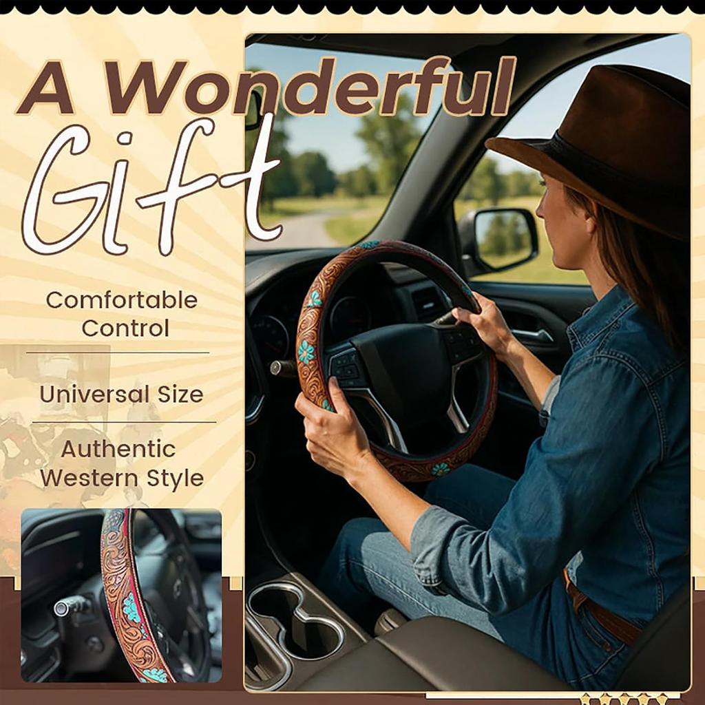 Retro Western Cowboy Car Universal Steering Wheel Cover – Embossed Leather 14.5-15 Inch Anti-Slip Car Accessory For Trucks SUVs Cars – Boho
