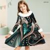 Girls Black Printed High Neck Long Sleeve A Line Flared Dress With White Fur Trim
