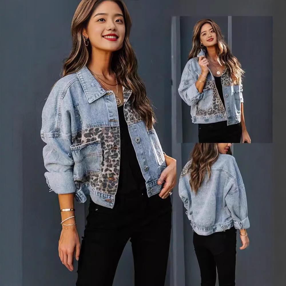 

Women s Long-Sleeve Leopard Print Patchwork Denim Jacket Extra Large світло-синій колір