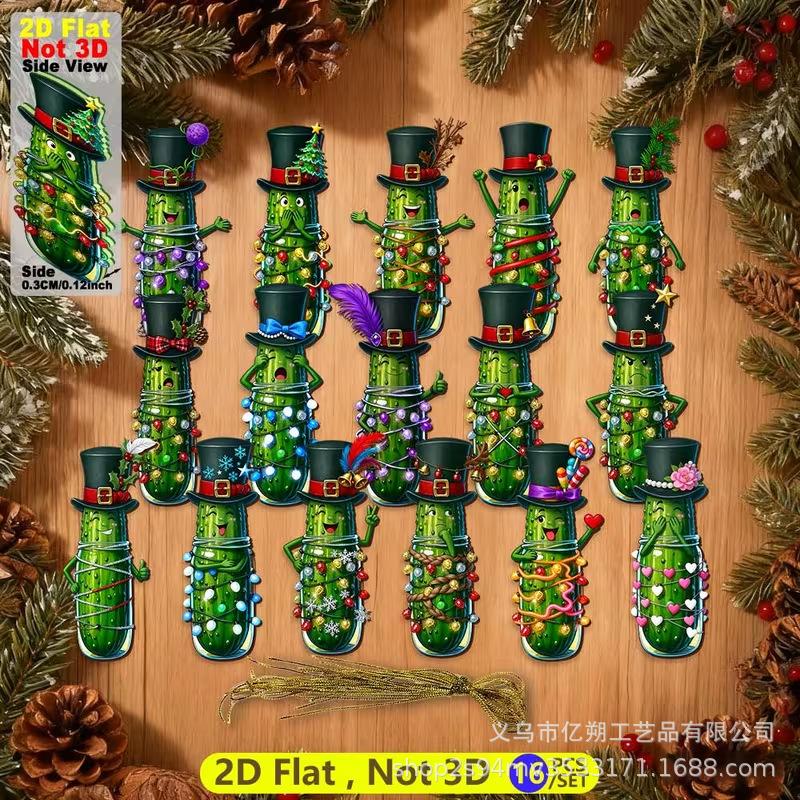 32Pcs Wooden Christmas Cucumber Ornaments, Multi Shapes Pendant with Fairy Lights & Black Hats, Xmas Hanging Decor