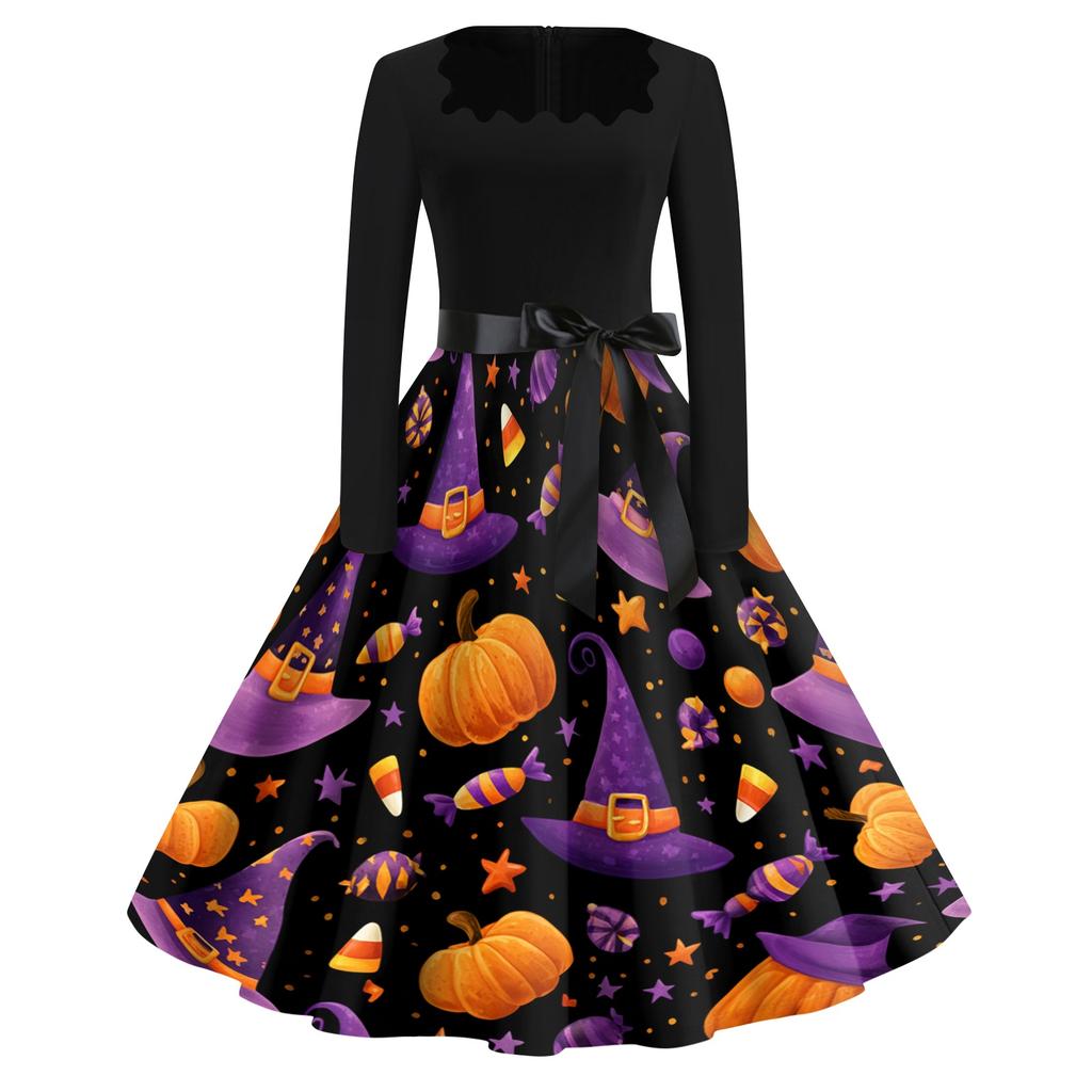 Women's Vintage Square Neck Dress with Halloween Print for Casual Occasions