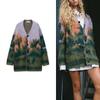 Vintage Mohair Print Knit Cardigan Women V-neck Fashion Long Sleeves Single Breasted Loose Sweater Autumn Chic High Streetwear Office Commute Tops