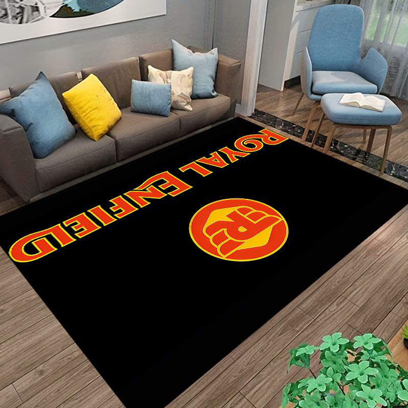 Area Rug Royal Enfield Motorcycle Red Yellow Logo Black Vertical Carpet for Men Cave Garage Office Decor Gift for him