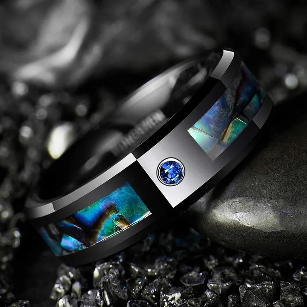 Fashion 8MM Men Black Stainless Steel Abalone Shell Rings Inlay Blue Cubic Zirconia Rings For Men Wedding Band Jewelry Wholesale