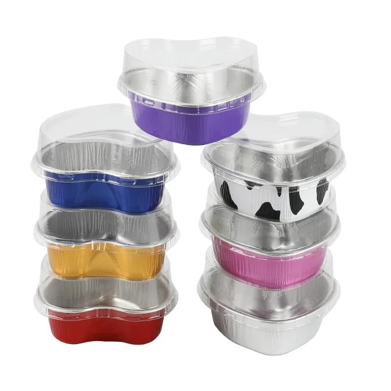 50 Adet 100ml Alüminyum Folyo Kapaklı Kalay Folyo Puding Kabı Kalp Şeklinde Tek Kullanımlık Mini Mus Kek Kapları Pişirme Kalıbı
