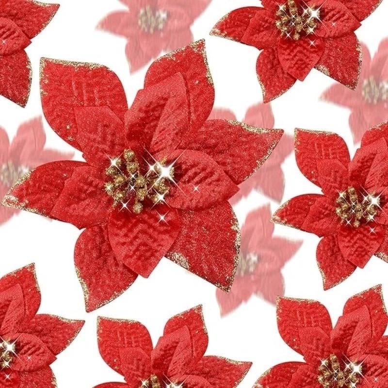5/10Pcs Glitter Christmas Decoration 13cm Artificial Flowers Xmas Tree Ornament for Home Decor Navidad New Year 2026 Accessories