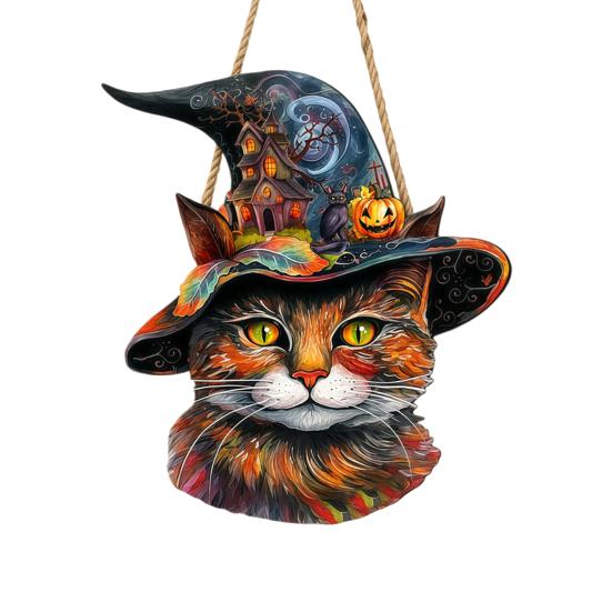 Witch Hat Halloween Sign Wooden Hanging Door Sign, Cute Painted Cat Welcome Ornament with Haunted Solid Wood Plaque House Pumpkin, Rustic Wall
