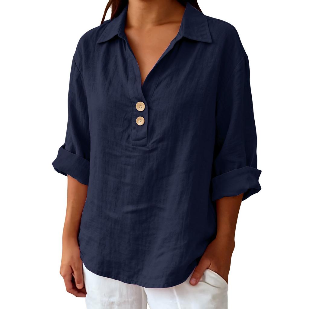 Women's Shirt Seven-Sleeve Lapel Cotton Linen Top Solided Color Casual Breathable Lapel Shirt