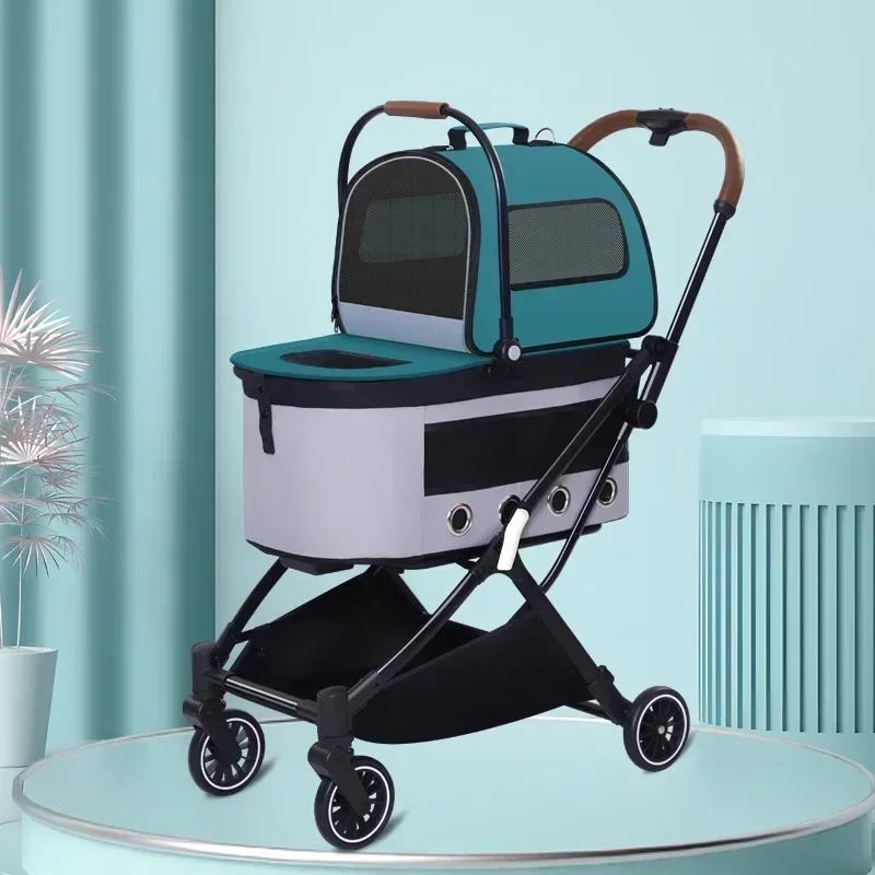2026double-layer pet cart for outdoor play detachable automatic folding cat dog cart Pet Strollers
