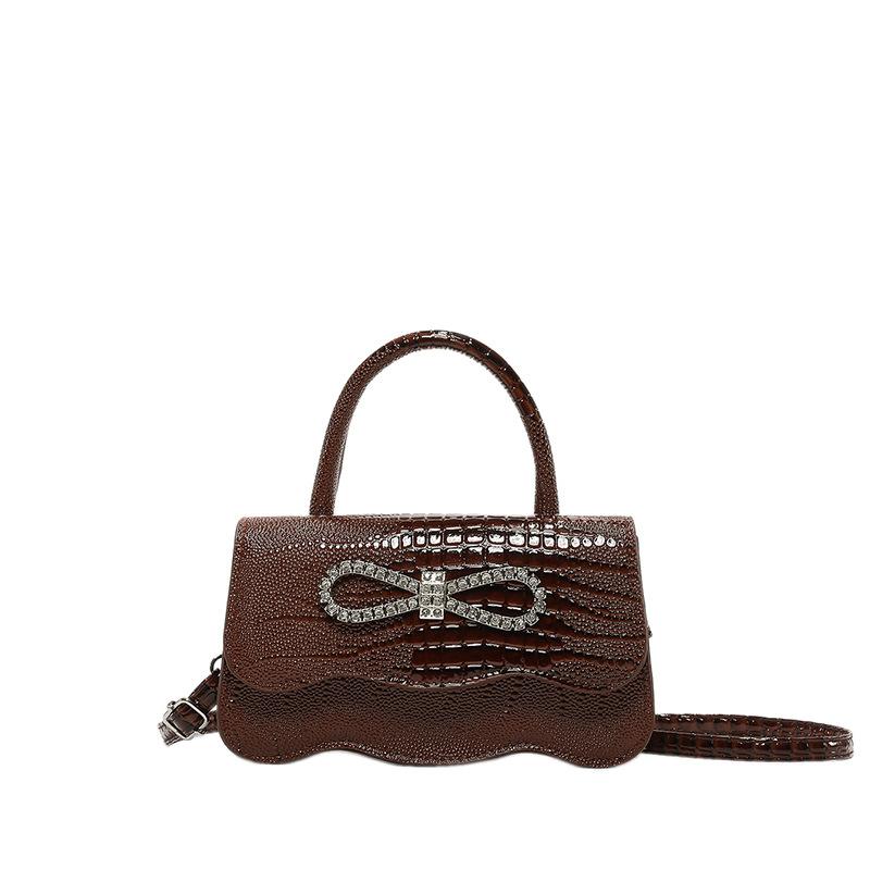 Crocodile Pattern Women'S Bag With Diamond Bow Retro Solid Color Casual Shoulder Crossbody Portable Small Square Bag Tide