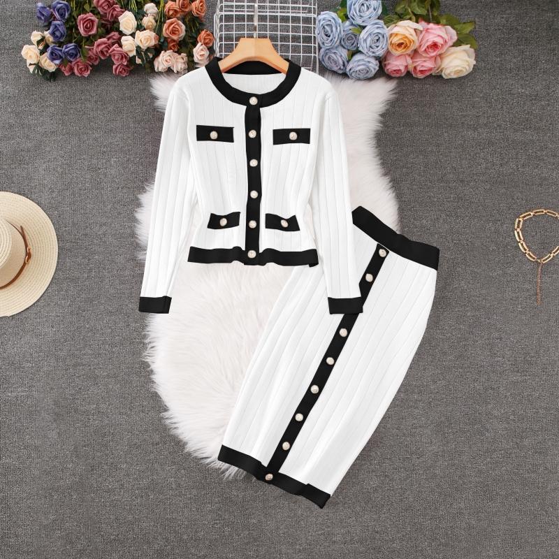 

Осенне-зимний женский элегантный вязаный свитер из двух частей, куртка с длинными рукавами, пальто и облегающая юбка-футляр One Size белый