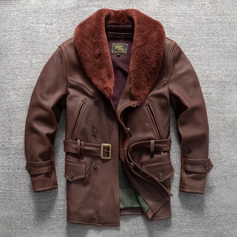 

Ретро мужской плащ средней длины из натуральной кожи, верхний слой из коровьей кожи, кожаная куртка большого размера, осенне-зимняя куртка 5XL