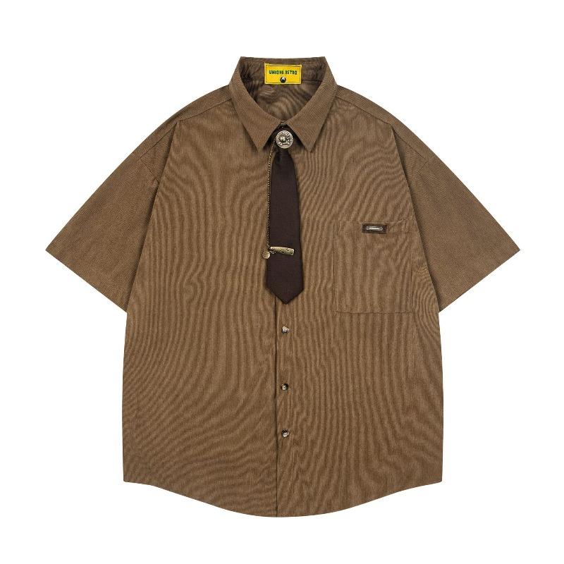 Japanese Retro Summer Corduroy Textured Fake Tie Shirt Men's and Women's Short-sleeved Niche Design College Style Shirt
