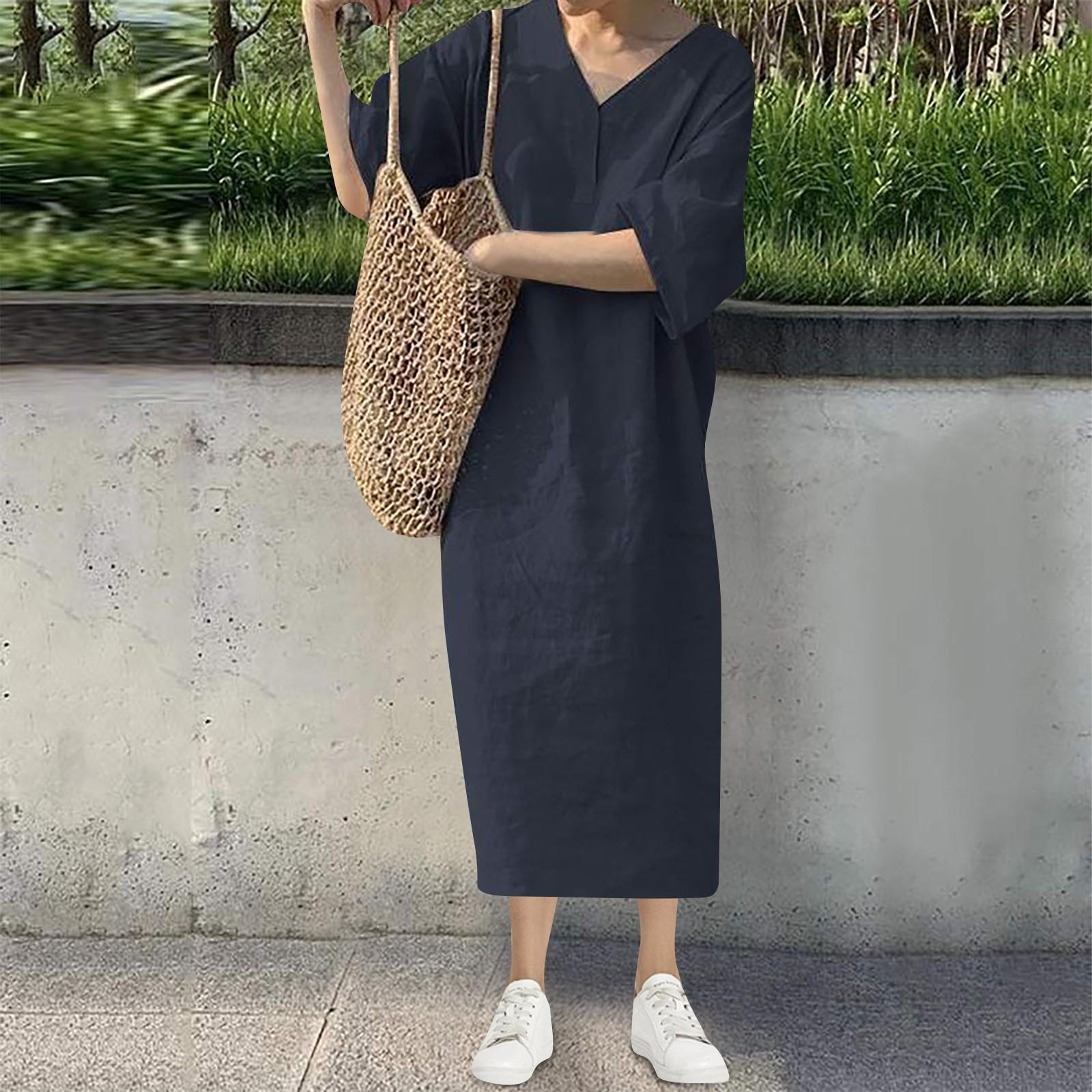 

Женское летнее новое модное повседневное свободное платье с коротким рукавом и V-образным вырезом, однотонное длинное платье-жилет L