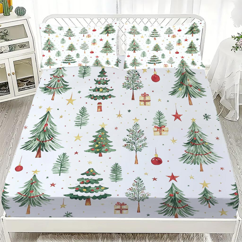 3pcs Fitted Sheet Set Fresh Style Christmas Pine Flora Print 100% Polyester Soft Bedding Set for Home Decor with 2 Pillowcases