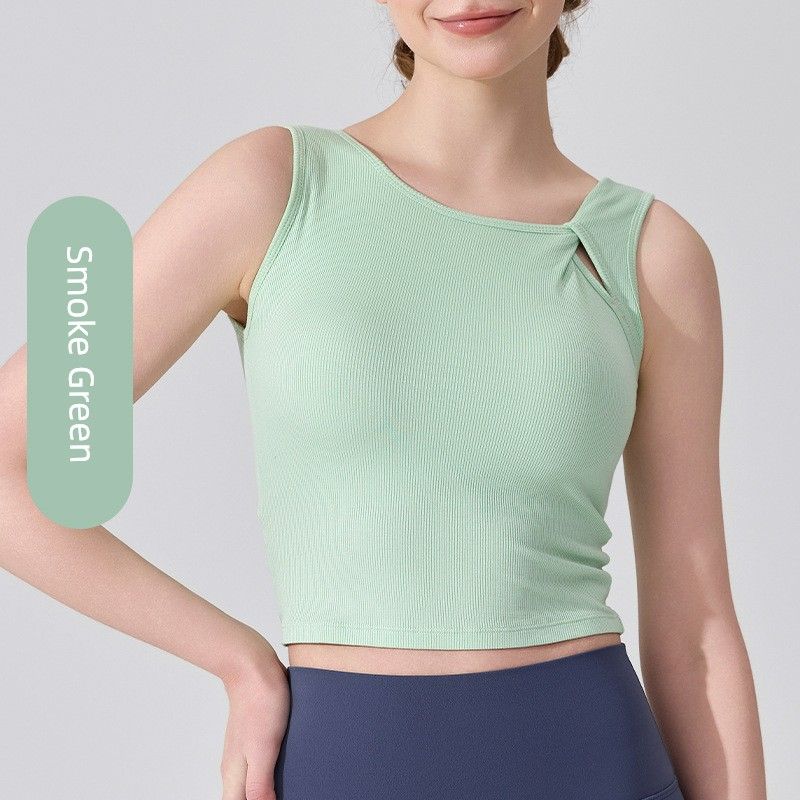 

Летний бюстгальтер для йоги женский на каждый день, асимметричный дизайн, для бега, верхняя одежда, фиксированная чашка, ударопрочный, для фитнеса и упражнений Smoke Green S