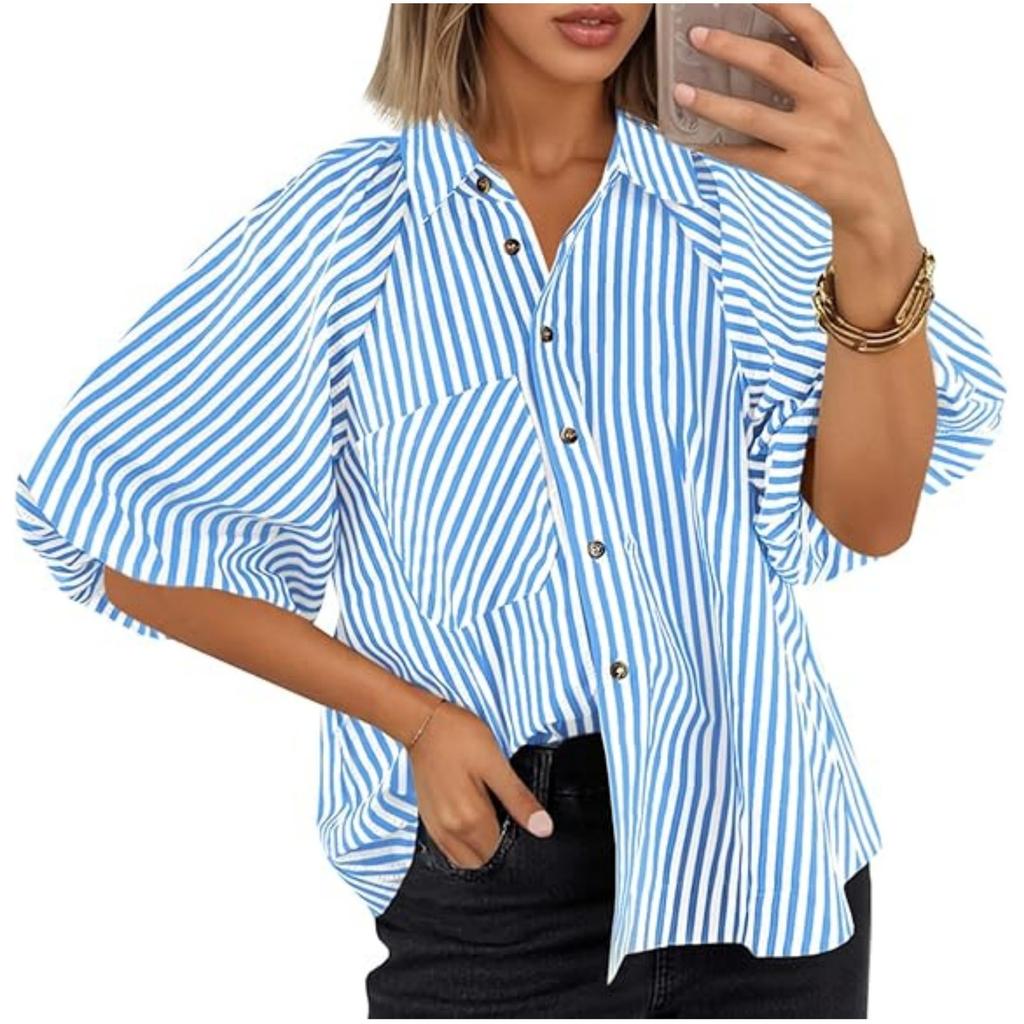 Women's Striped Fashionable Casual Loose Shirt With A Lapel Pocket Top