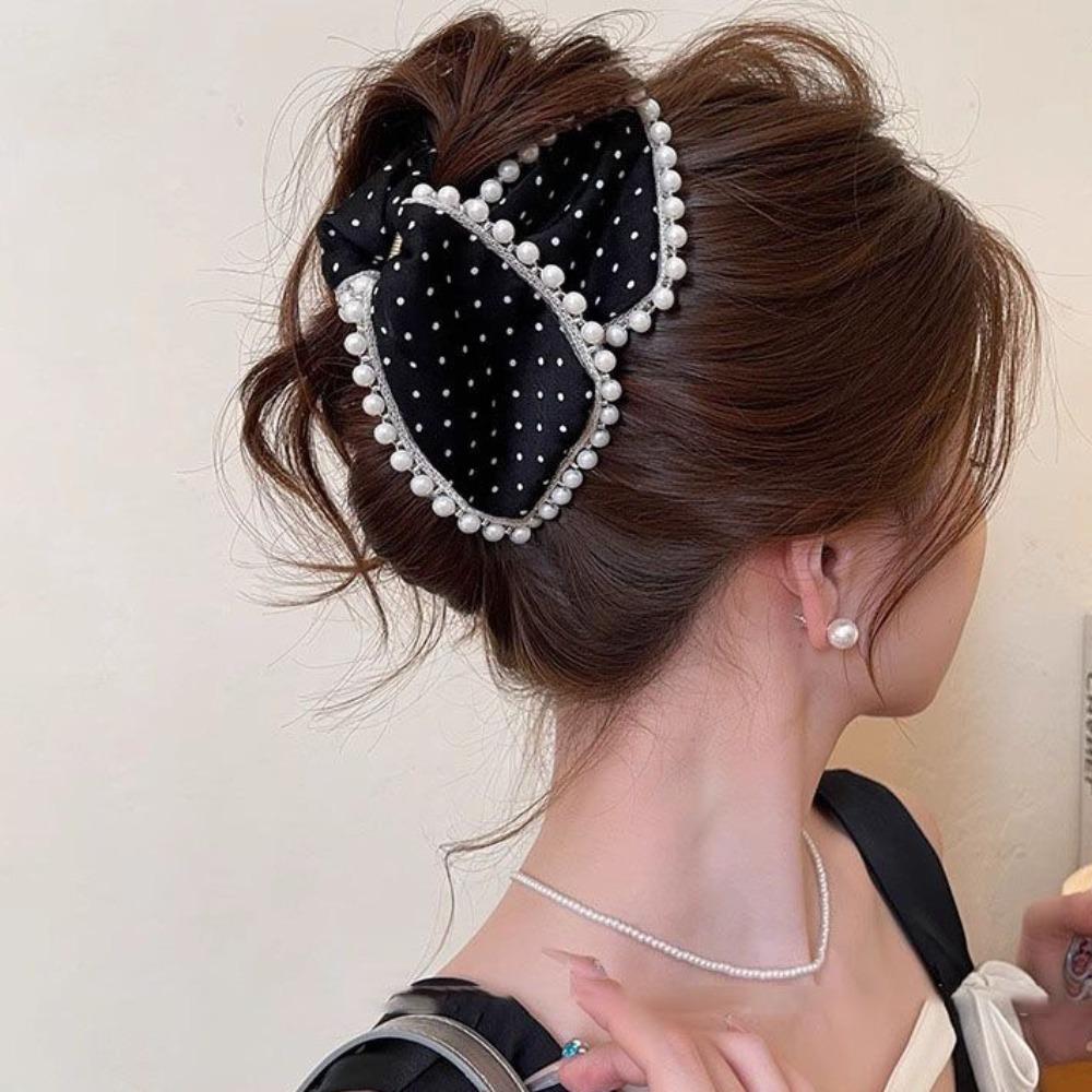 Fashion Polka Dot Cloth Triangle Hair Claw Cute Bowknot Large Shark Clip Fabric Korean Style Pearl Hairpin Daily
