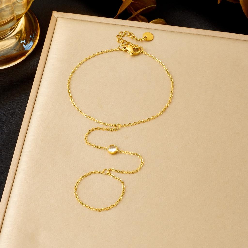 DIEYURO 316L Stainless Steel Fashion White Round Zircon Back Of Hand Chain Finger Bracelet Lady Trend Classic Waterproof Jewelry