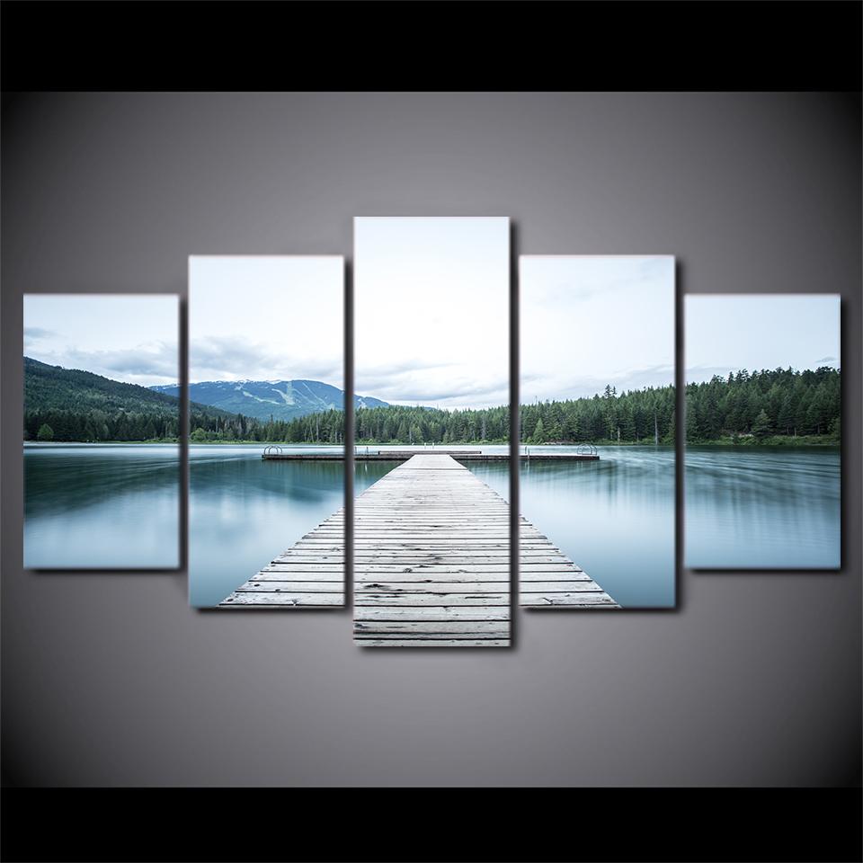 

HD Печатный 5 шт. Холст Искусство Озерный Мост Картина Лесной Пейзаж Печать на Холсте Украшение Картина 20x35cm*2 20x45cm*2 20x55cm*1