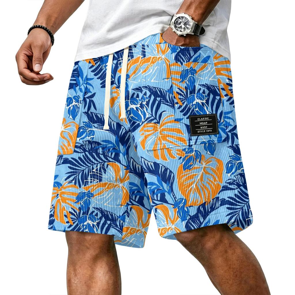 Men's Casual Corduroy Drawstring Shorts Tropical Leaf Print Lightweight Summer Beachwear Relaxed Fit Mid-Length Bottoms