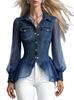 Damen Lässiges Lockeres Patchwork-Oberteil aus Kunstdenim mit Kragen und langen Ärmeln