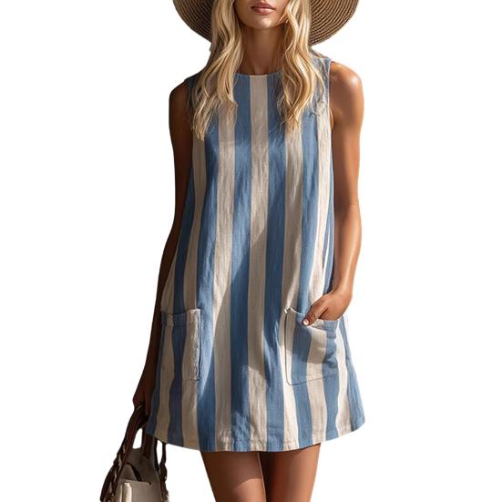 Vestido Casual para Mujer, Minivestido Camiseta sin Mangas de Cuello Redondo, Vestido de Verano a Rayas para Vacaciones con Bolsillos