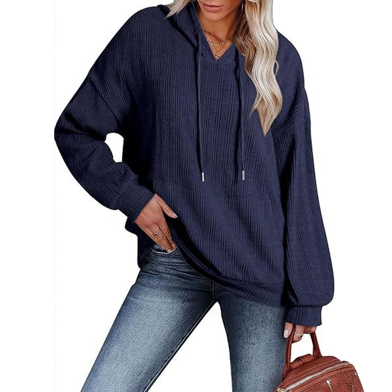 

Fashionable Women s Casual Loose Solid Color Long-sleeved Pocket Hooded Sweatshirt XL Темно-синій