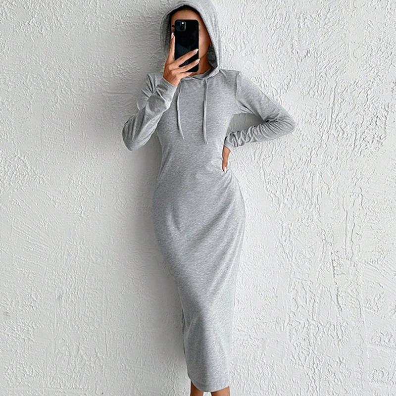 

2025 осень зима Однотонное Макси-платье с длинным рукавом для женской одежды Элегантные Облегающие Эластичные серые платья с капюшоном Мода Уличная одежда XL