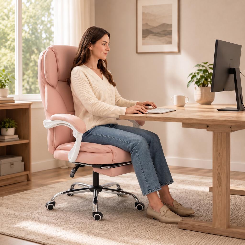 Ergonomic Office Chair, Reclining, Faux Leather, Pet-Friendly, Adjustable Height, Pink