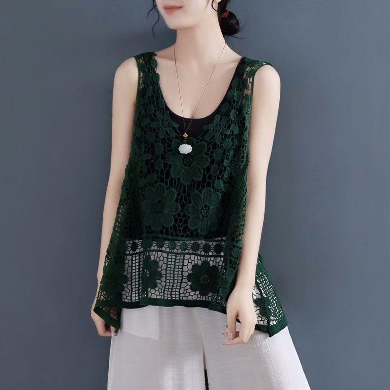Vintage Women's Lace Vest Summer Thin Jacquard Vest Cotton Black Loose Openwork Embroidered Vest