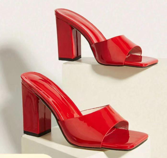 

2025 summer new fashion crystal thick heel thick sole square head word with open toe slippers women s summer wear sandals women s shoes 42 червоний