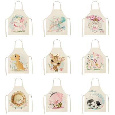 1pc Cute Cartoon Animal Print Apron Kitchen Cooking Baking Linen Apron Kids Dining Bib Home Cleaning Tool