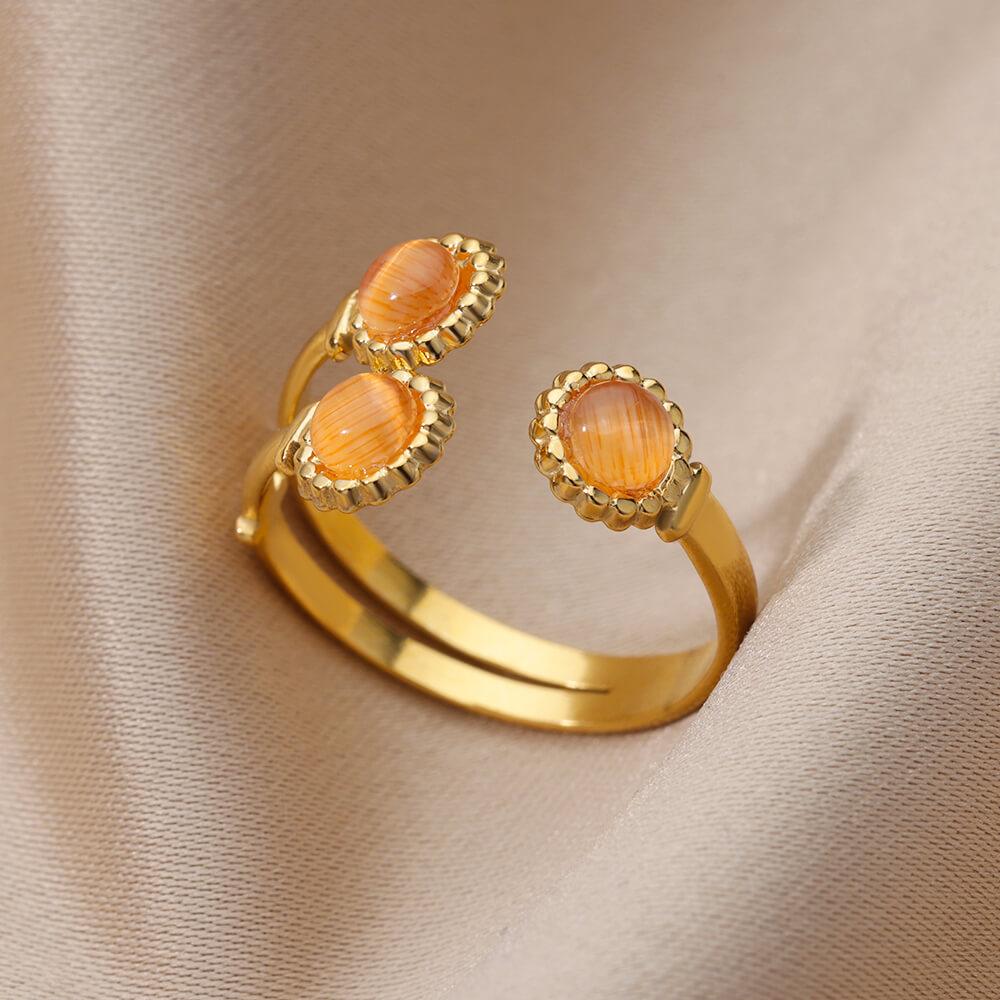 Green Stone Ring For Women Stainless Steel Gold Adjustable Stone Ring Wedding Aesthetic Fashion Jewelry Gift Accessories