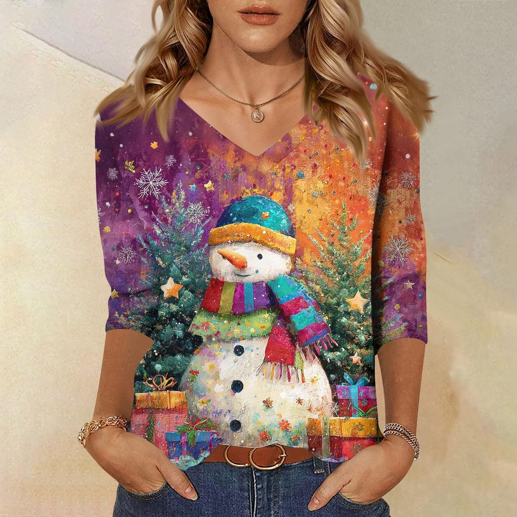 3/4 Sleeve Shirts For Women Print Christmas Tees Blouses Casual Plus Size Basic Tops Pullover