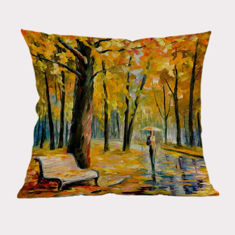 Autumn Tree Landscape Decoration Cushion Cover Cotton Linen 3D Oil Painting Scenery Sofa Decorative Throw Pillow Case Cojines