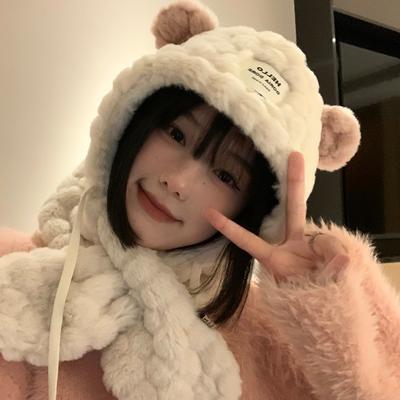 Cute Bear Ears Hat and Scarf All In One Women's Winter Korean Style Plush Thickened Warm Cycling Ear Protection Hat