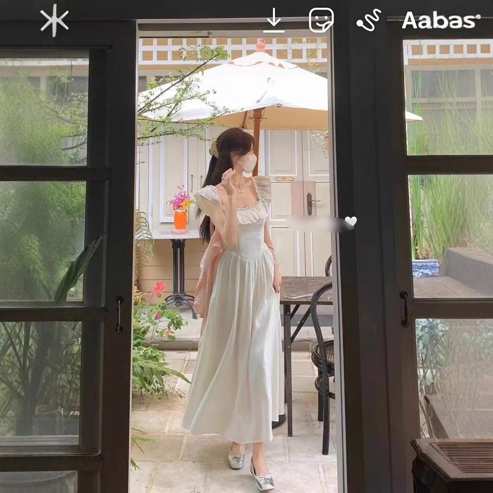 French Ruffle Leaf Edge Small Flying Sleeve Chiffon Dress Women's Spring and Summer New Korean Square Collar Temperament Pink Long Skirt