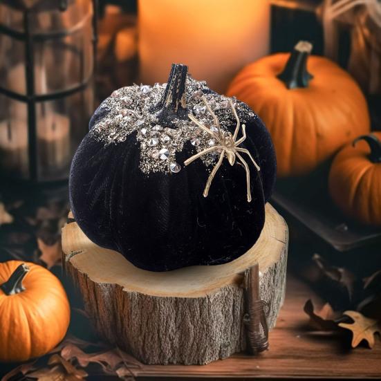 Halloween Pumpkin Ornament Flannel Pumpkin Table Centerpiece Gothic Pumpkin Decoration with Spider for Mantel Dining Table