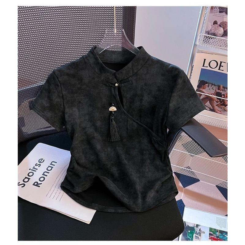 Women Tie Dye Cheongsam Style T-shirt Stand Collar Short Sleeve Casual Fitted Top with Tassel