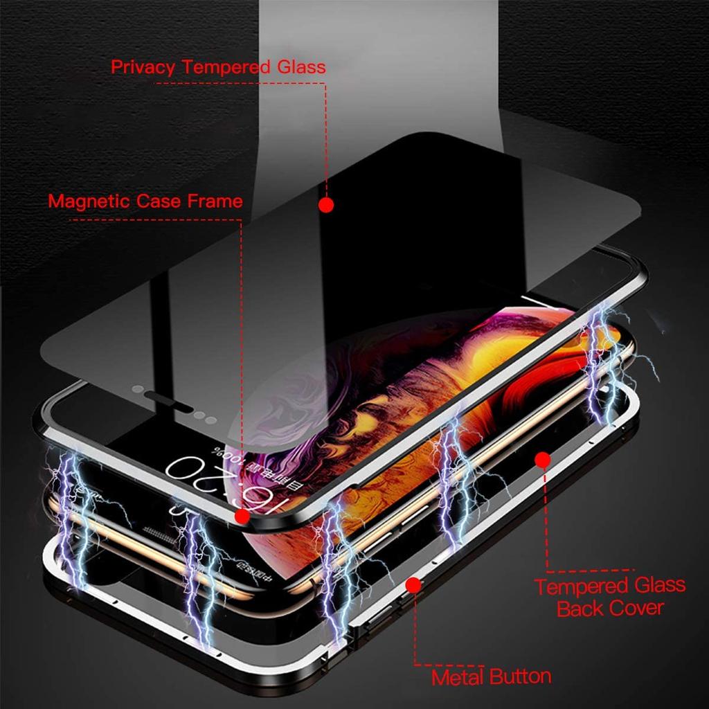 Anti Peep Magnetic Adsorption Double Sided Glass Privacy Screen Protector Metal Bumper Anti Spy Phone Case for iPhone