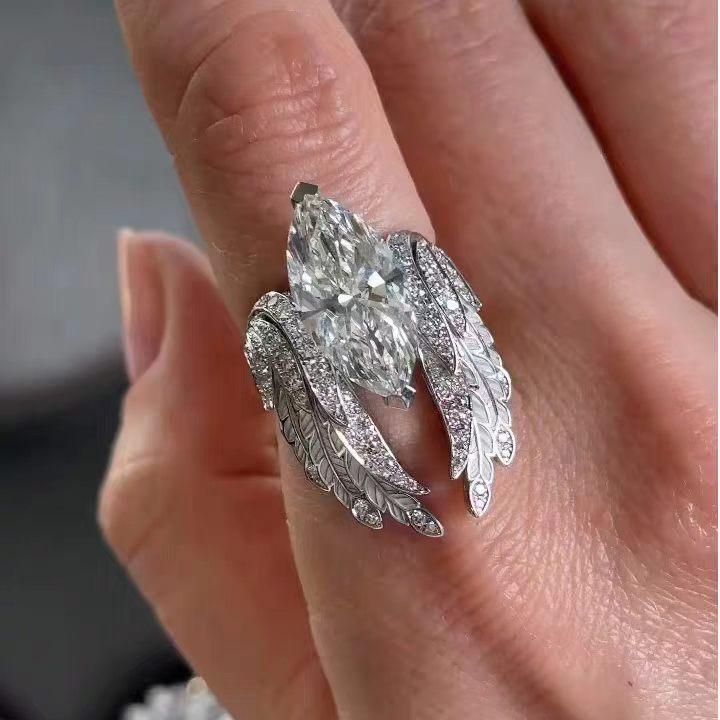 "Feather Star" Fashion Temperament Full of Diamonds Angel Wings Ring High Sense Three-dimensional Feather Light Luxury Ring Female