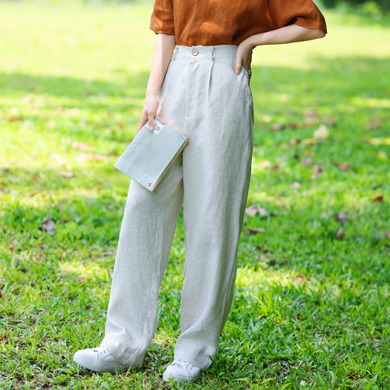Johnature Frau Herbst Lose Vintage Einfarbig Gerade Bein Hosen Waschen Chinesischen Stil Casual Retro Hosen