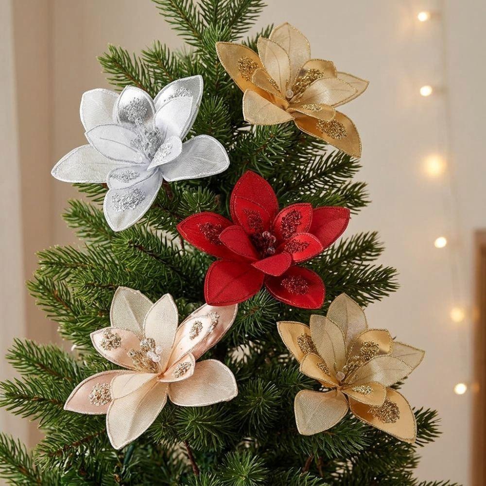 Sparkling Artificial Poinsettia Flower Pick Sequins Christmas Tree Floral Spray Wedding Party