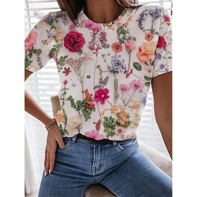 Yazlık Kadın Tişörtü Tee 3d Baskı Çiçek Günlük Kısa Kollu Üstler Moda Yuvarlak Yaka Kadın Tişörtleri Çiçekli Grafikler