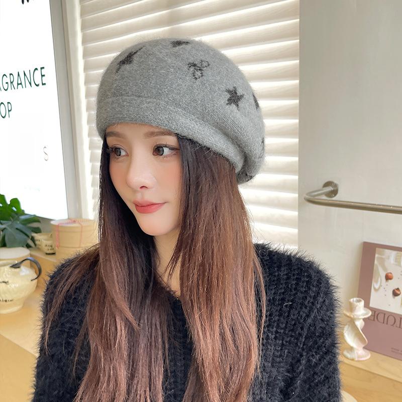 Women's Beret Hat Autumn and Winter Solid Color Knitted Woolen Hat Warm Thick Soft Vintage Painter Premium Hat