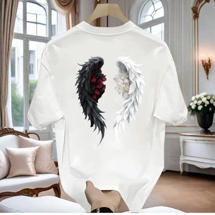 

Унісекс важка біла футболка з крилами ангела в американському стилі - модна вільна посадка, короткі рукави, круглий виріз 2XL білий