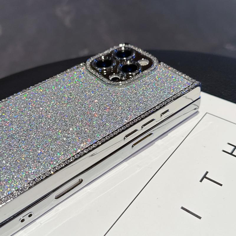 Glitzernde Handyhülle mit Diamantrahmen für iPhone 16 Pro 15 Pro Max 14 13 Pro, galvanisiert, stoßfest, Linsenschutz, Silikon, weiche Bumper-Abdeckung
